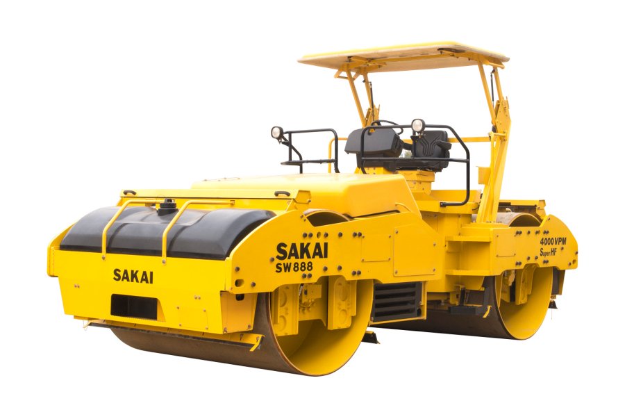 Sakai tandem double drum roller for asphalt compaction, offering high power and speed with 1.5-13 ton operating weight for road construction and paving tasks.