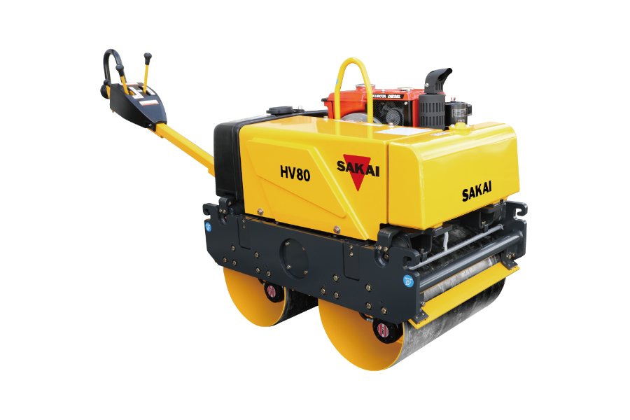 Sakai walk-behind roller compactor for narrow work areas, offering excellent gradeability and traction on loose soils, ideal for pavement, shoulders, and sidewalks.