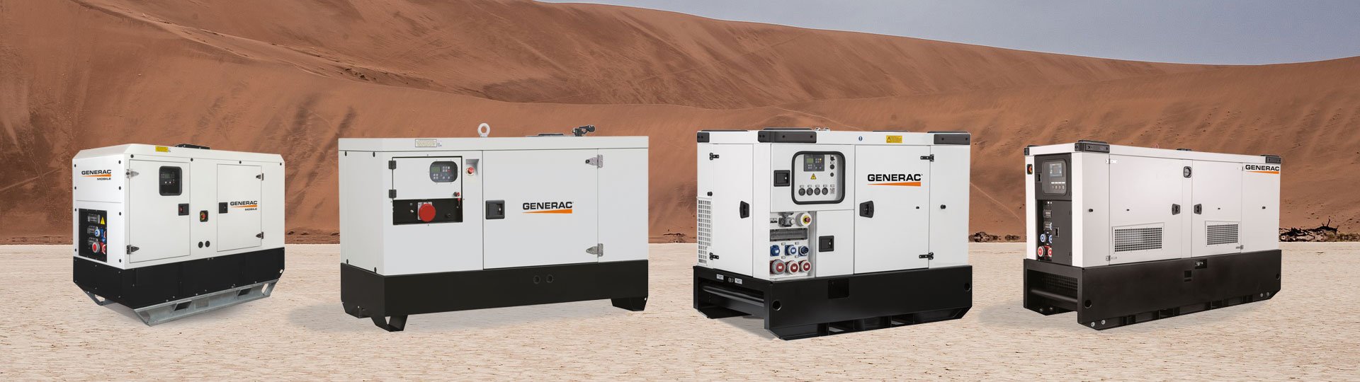 Generac GMS Series mobile generators providing reliable power solutions with low noise emission, ideal for telecommunication sites, remote job sites, and residential areas requiring backup energy. Power range from 10 to 670 kVA PRP.