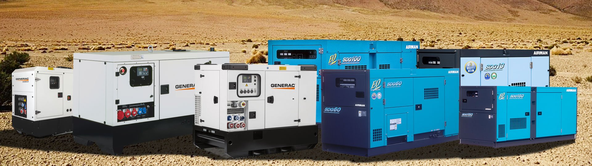 Mobile diesel generators from Airman and Generac, offering high-performance, reliable power solutions for construction, agriculture, rental markets, and events with soundproof canopies for low noise emissions.