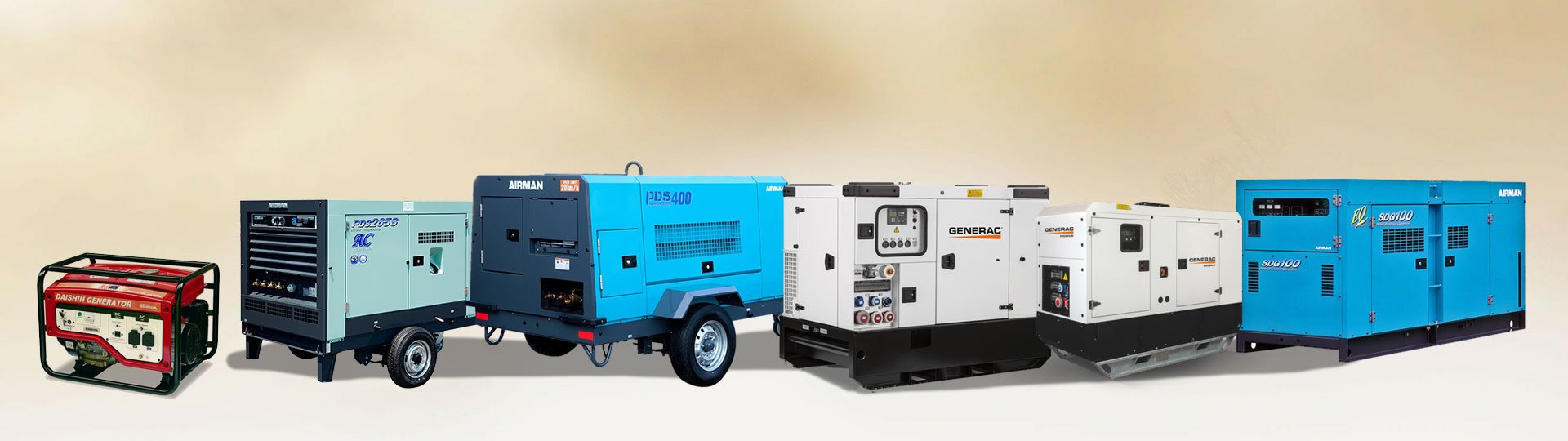 United Motors & Heavy Equipment offers authorized distributors for Daishin portable generators, Airman compressors and diesel generators, and Generac mobile generators, providing reliable power solutions for various industries.