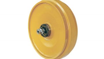 Idler components for undercarriage systems, designed to guide the track and provide smooth motion in construction machinery.