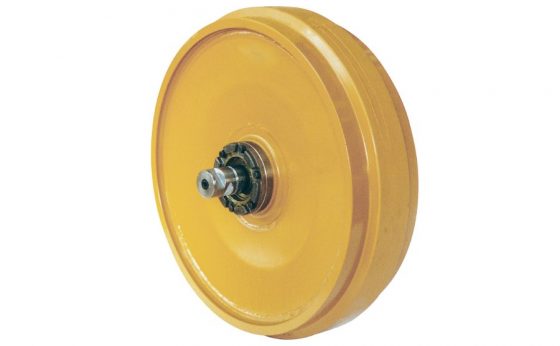 Idler components for undercarriage systems, designed to guide the track and provide smooth motion in construction machinery.