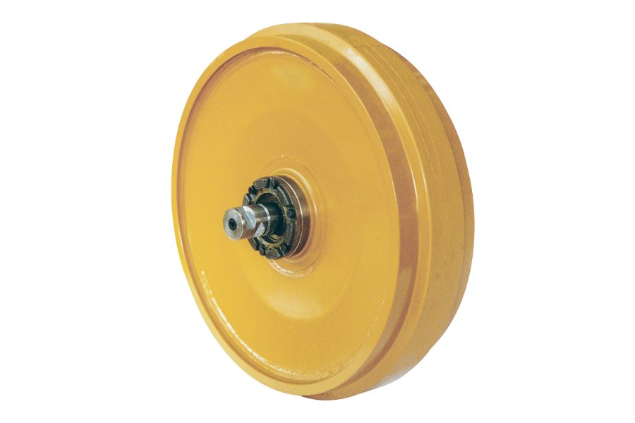 Idler components for undercarriage systems, designed to guide the track and provide smooth motion in construction machinery.