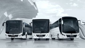 New Man bus, showcasing its modern designs, displayed on a promotional three variation.