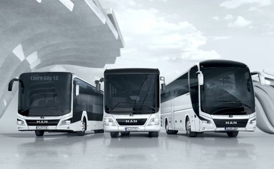New Man bus, showcasing its modern designs, displayed on a promotional three variation.
