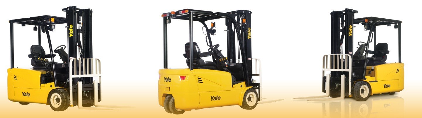 Yale 3-wheel electric forklift featuring high performance, energy efficiency, and ergonomic design, ideal for medium to heavy-duty applications in UAE warehouses.