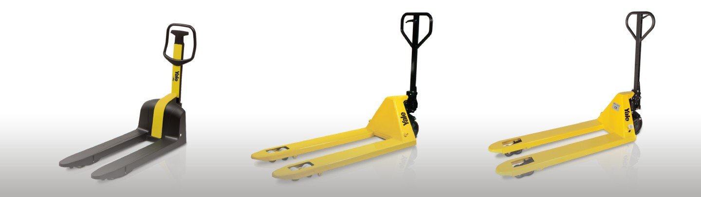 Yale hand pallet trucks offering both manual and compact battery-operated options for efficient and ergonomic material handling in the UAE.