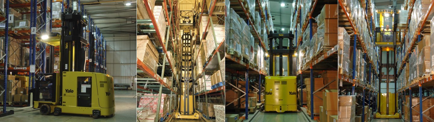 Yale Very Narrow Aisle VNA trucks offering high-density storage solutions, increasing warehouse capacity and efficiency in narrow aisles across the UAE.