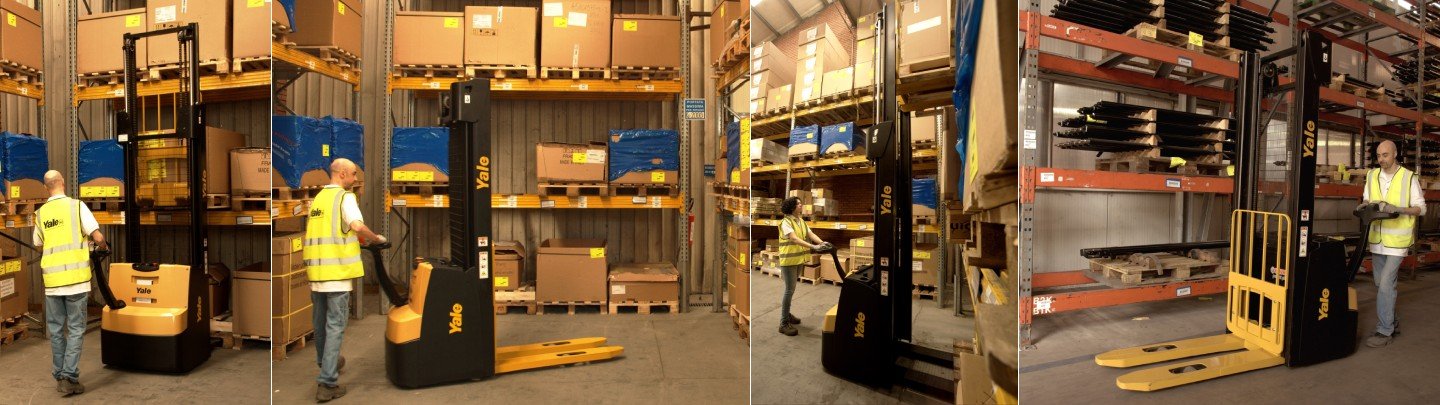 Yale MS series walk-behind pallet stackers offering excellent maneuverability, high lift capacity, and operator confidence for handling pallets in the UAE.