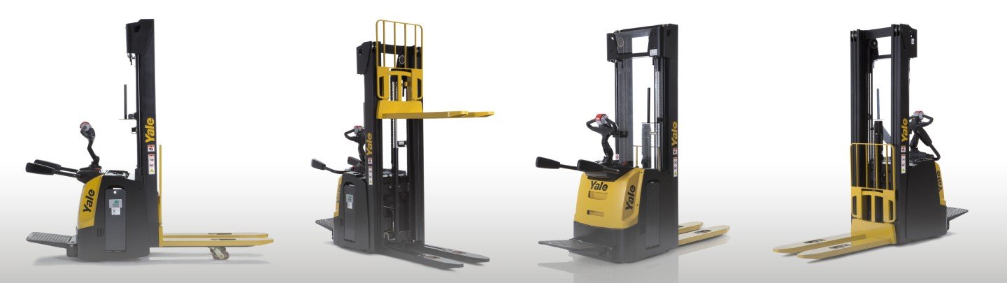Yale MS12-20X series stand/ride-on pallet stackers offering dual purpose operation with folding platform, ideal for double pallet handling and efficient transfer in UAE warehouses.