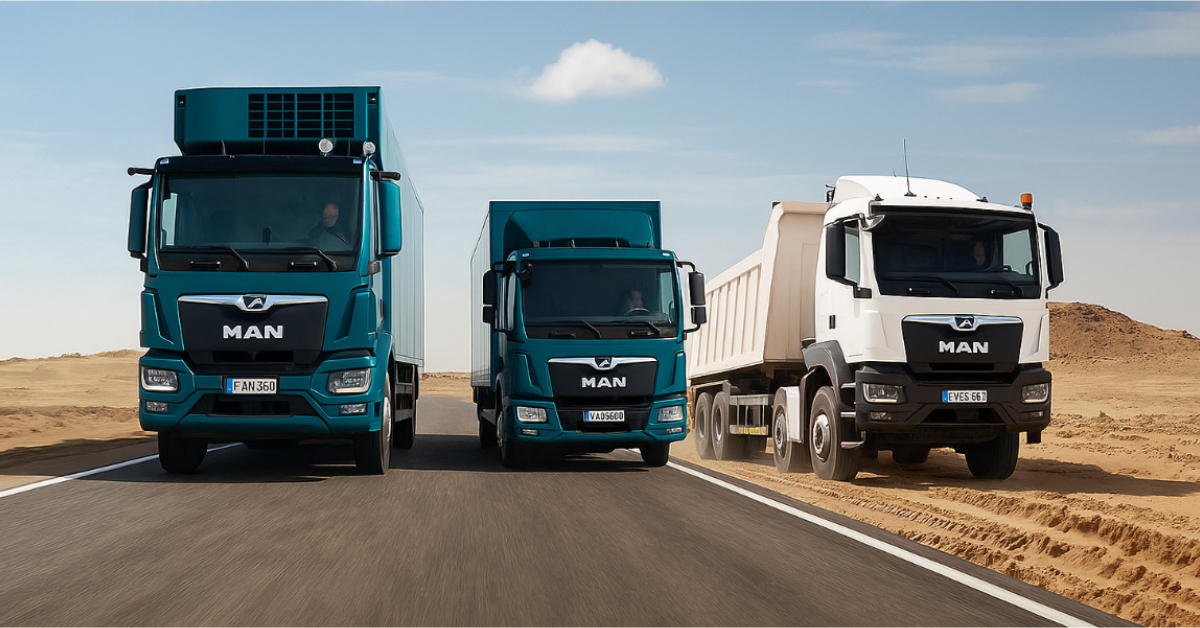 UTD Motor MAN Trucks TGL TGX TGM models driving through desert sands with rugged terrain background, showcasing heavy-duty commercial vehicles designed for off-road and desert conditions