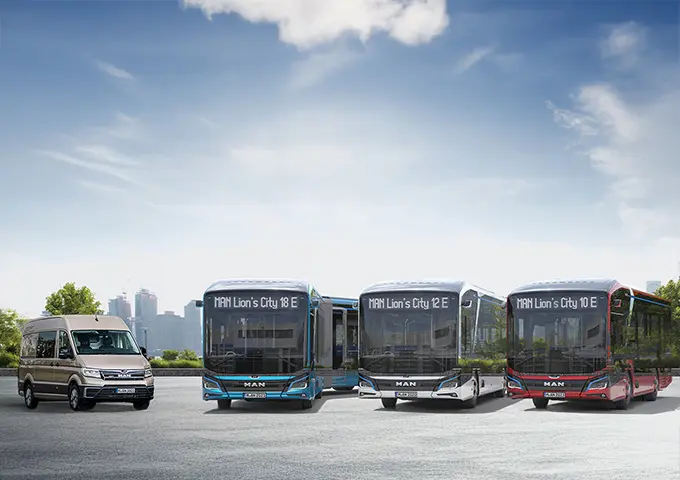 MAN's full range of electric buses and TGE minibus for public transport and logistics in the UAE. Zero-emission vehicles by MAN/UMHE.