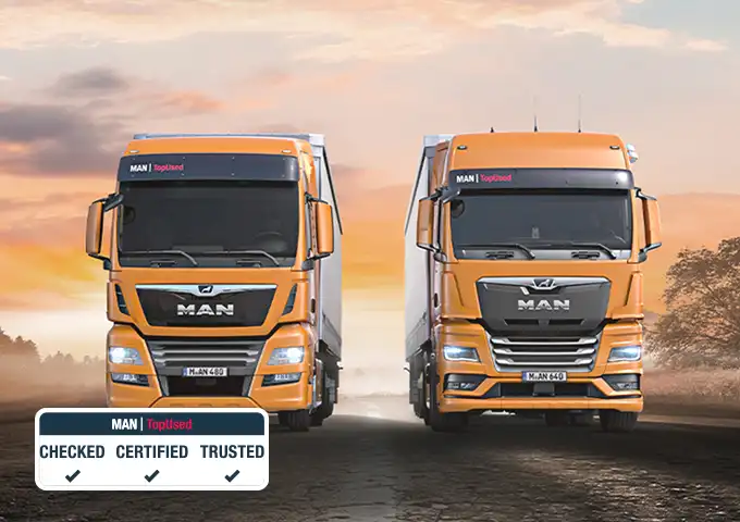Two certified MAN TopUsed trucks (TGX/TGS series) for heavy transport and logistics in the UAE. Quality pre-owned trucks by UMHE.